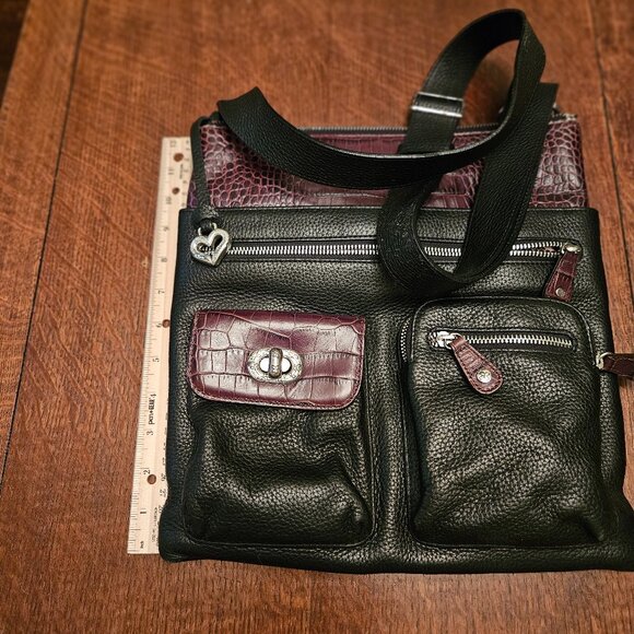 Brighton Black Pebbled Leather 6 pocket Messenger Bag. 12" x 12". Fuax Croc Trim - Picture 8 of 9